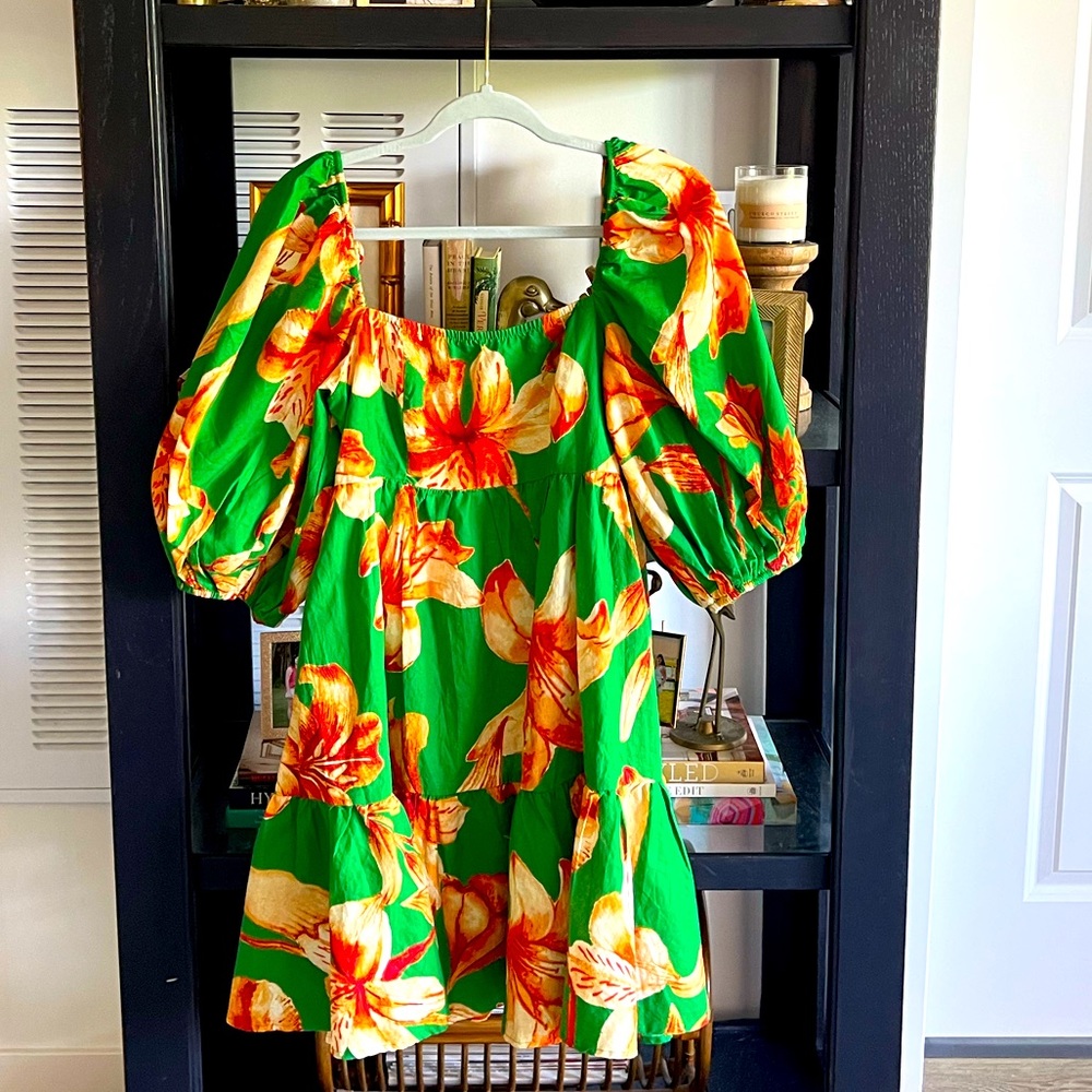 Green Floral Puff-Sleeve Mini Dress